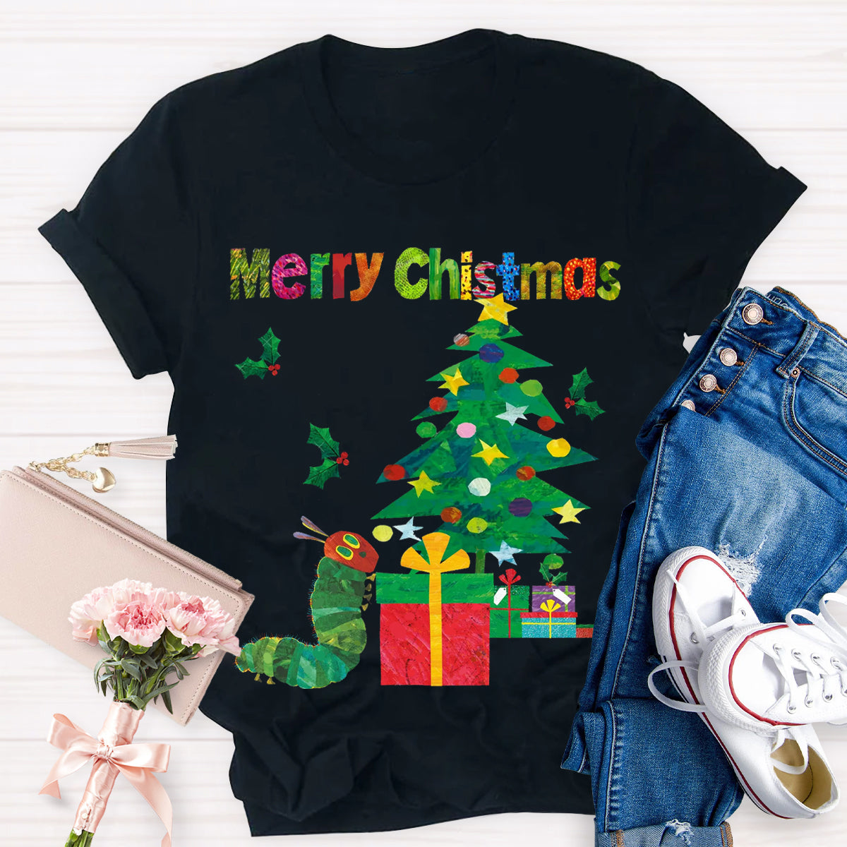 Merry Christmas Caterpillar Crawling Towards Christmas Tree T-Shirt