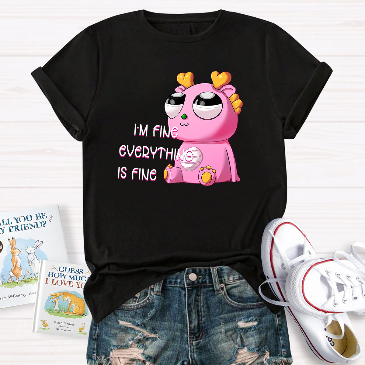 I'm Fine Everything is Fine  Pink Big Eyes Dragon T-Shirt