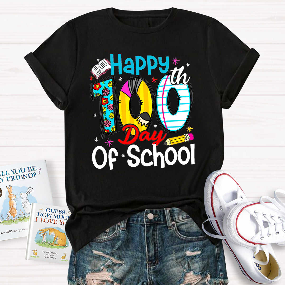 Happy 100th Days Of School Book Pencil T-Shirt