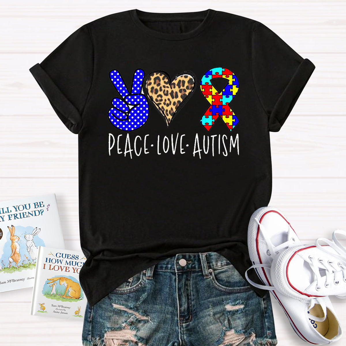 Peace love Autism Leopard Heart T-Shirt