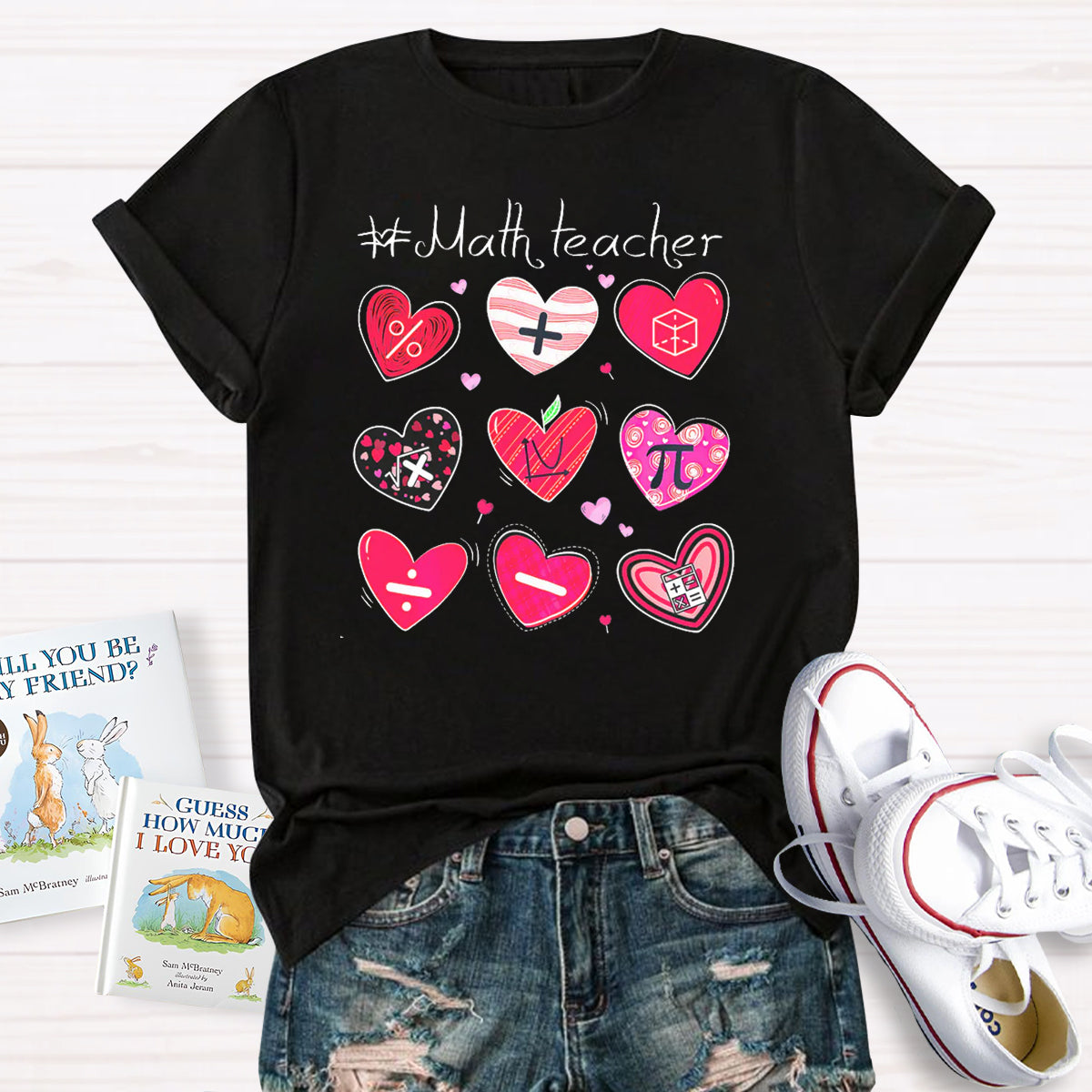 Red Heart Math Symbols Teacher T-Shirt