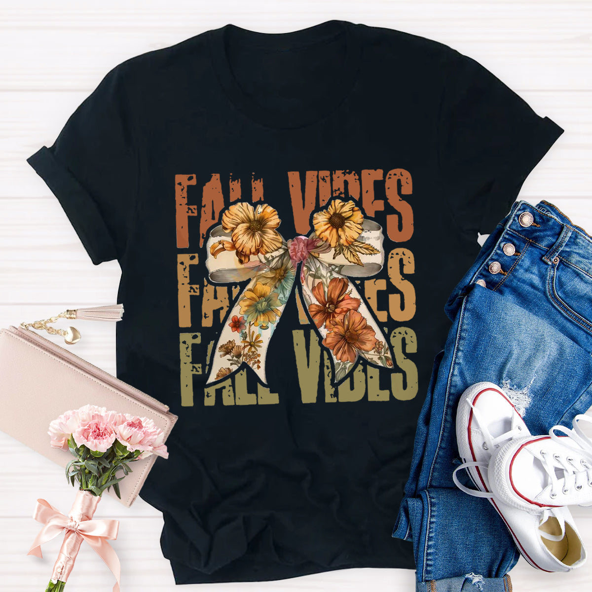 Bow Flowers Thanksgiving Autumn Fall Vibes T-Shirt