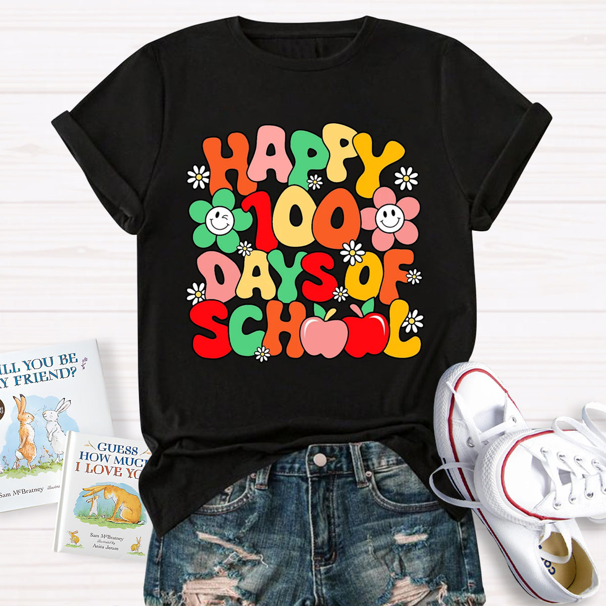 Happy 100 Days Of School Flower Apple T-Shirt