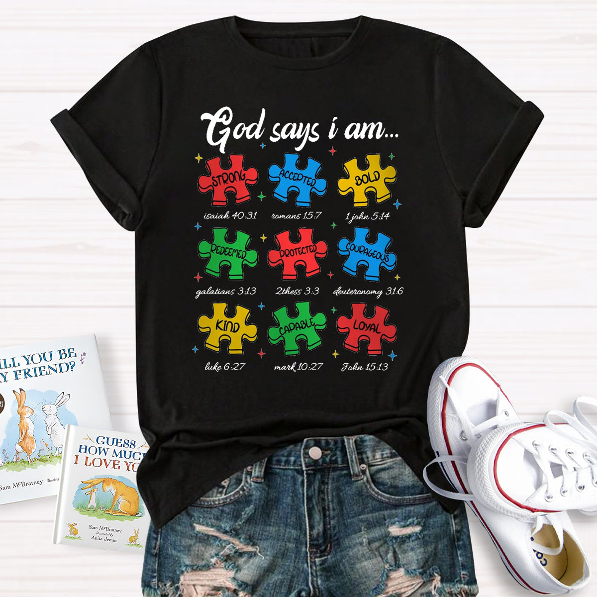 God Says I am Strong Puzzle Pieces Autism T-Shirt