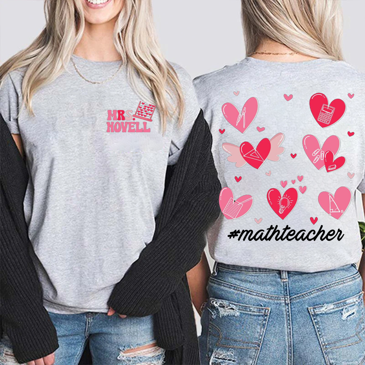 Personalized Name And Subject Pink Heart Double Printed T-shirt