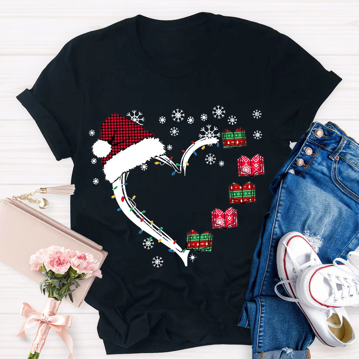 Christmas Books Heart Teacher T-Shirt