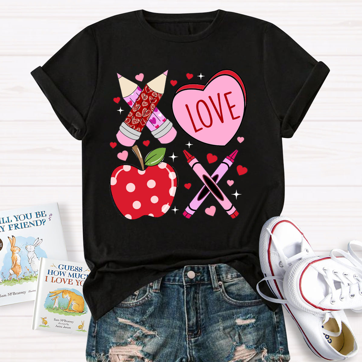 Pink Pencil And Apple Love Teacher T-Shirt