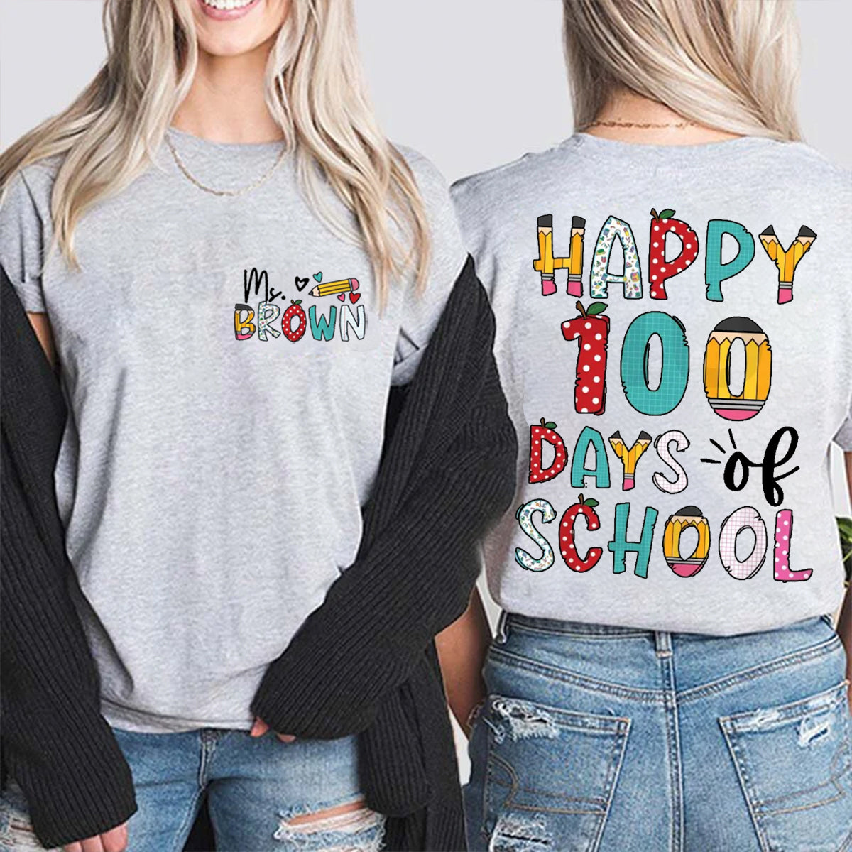 Personalized Name Happy 100 Days Of School Double Printed T-shirt