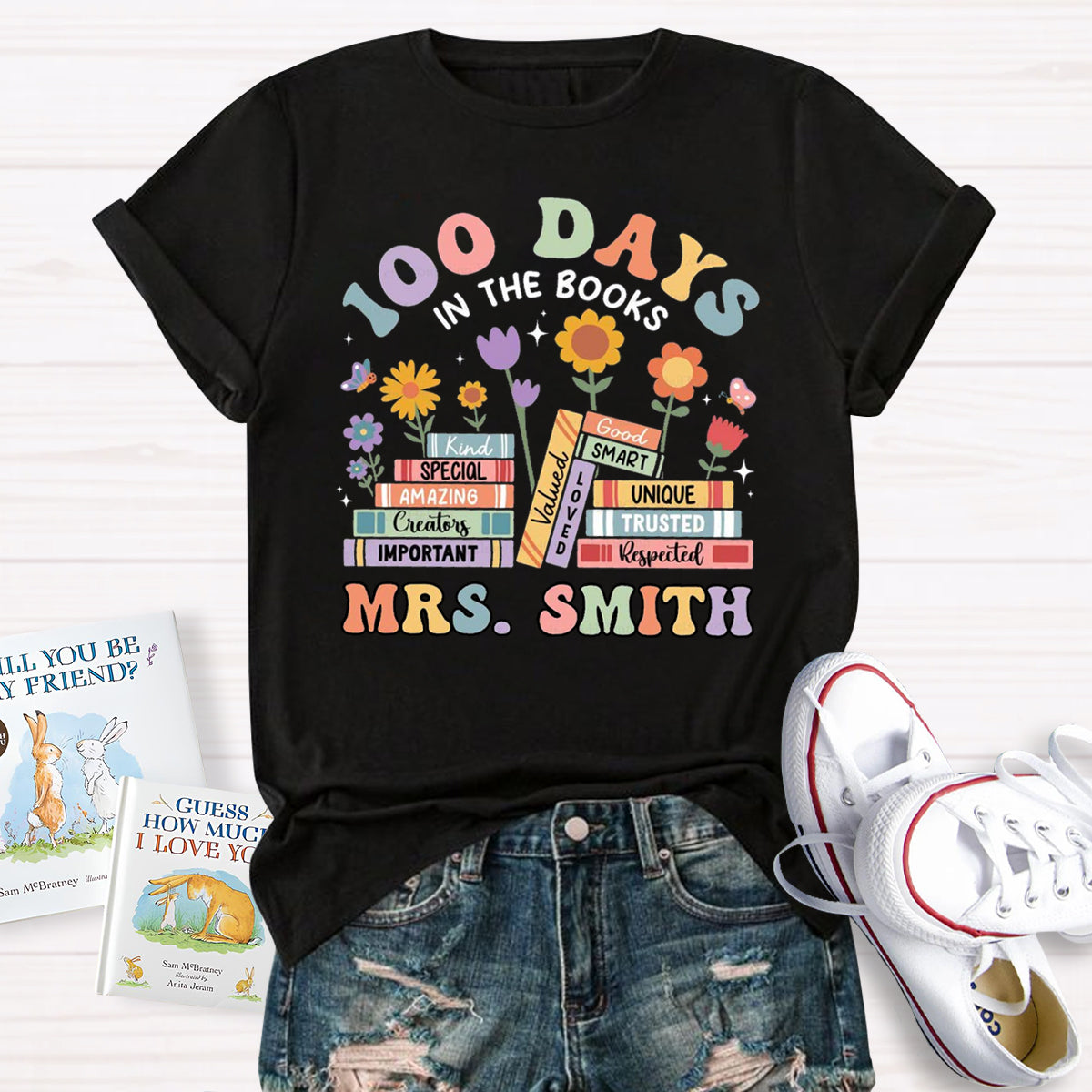 Personalized Name 100 Days In Books Teacher T-Shirt