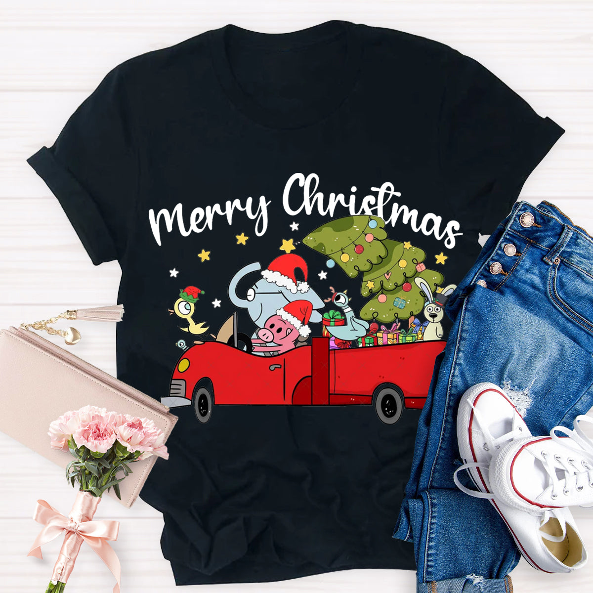 Merry Christmas Animals Driving Cars T-Shirt