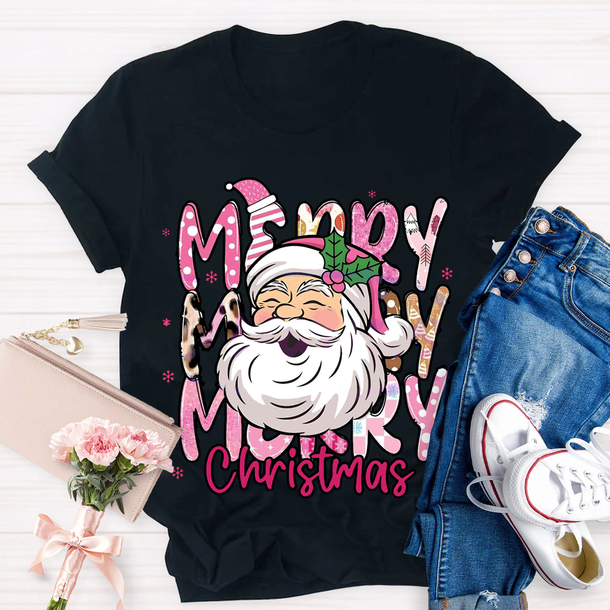 Pink Santa Claus Merry Christmas Teacher T-Shirt