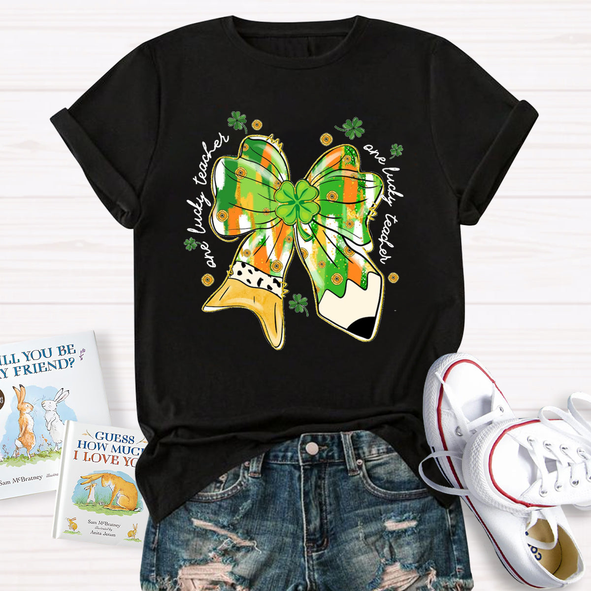 One Lucky Teacher Green Bow T-Shirt