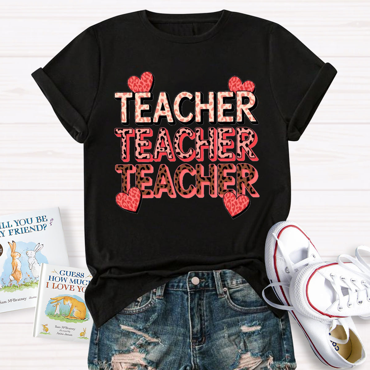 Pink Heart Valentine's Day Teacher T-Shirt