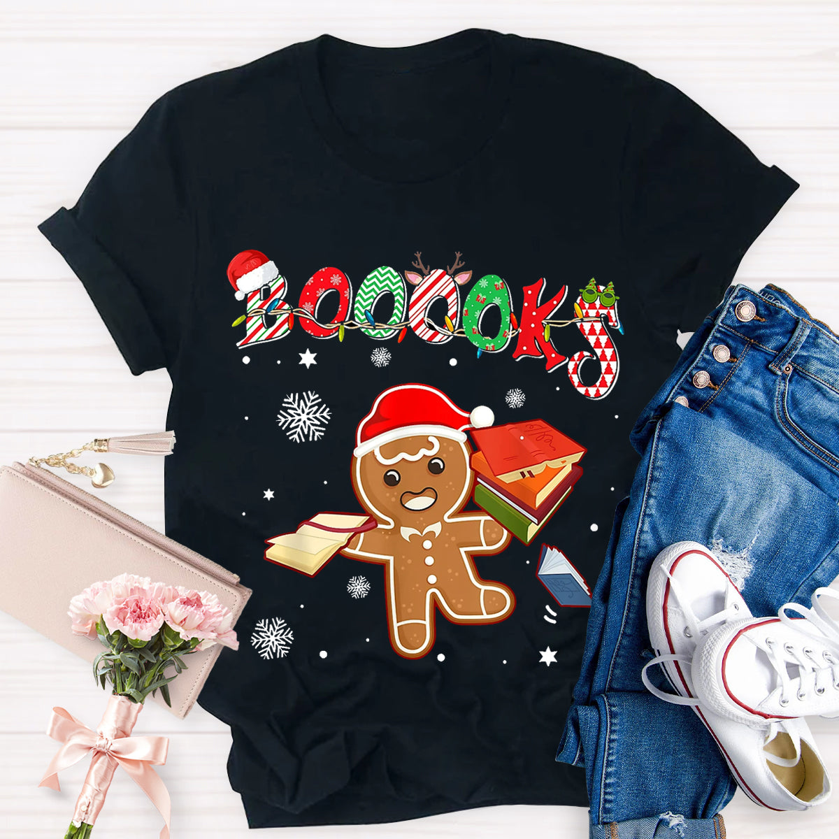 Christmas Gingerbread Books Librarian Reader Reading Teacher T-Shirt