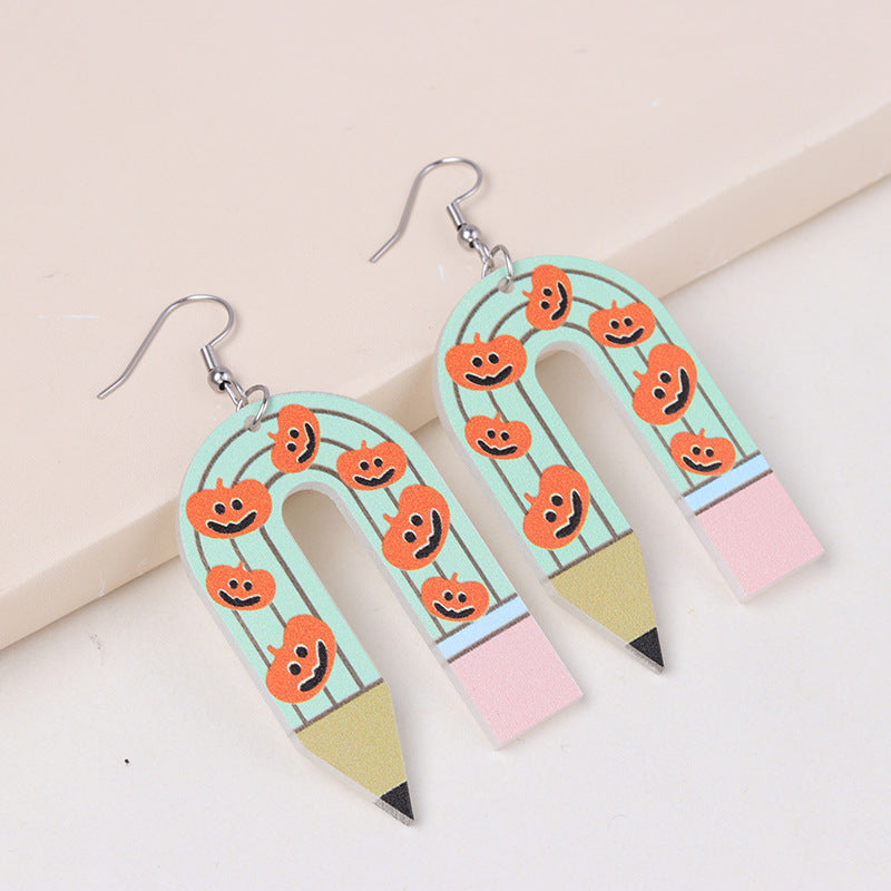 Ghost U-Shaped Pencil Spider Pumpkin Earrings