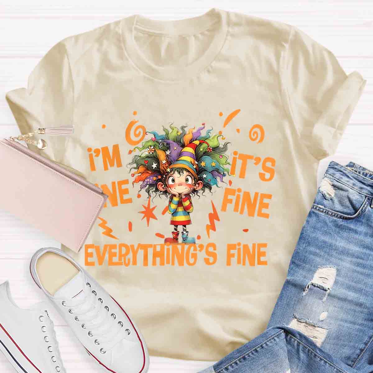 Everything Is Fine Cute Grumpy Kid Print T-shirt