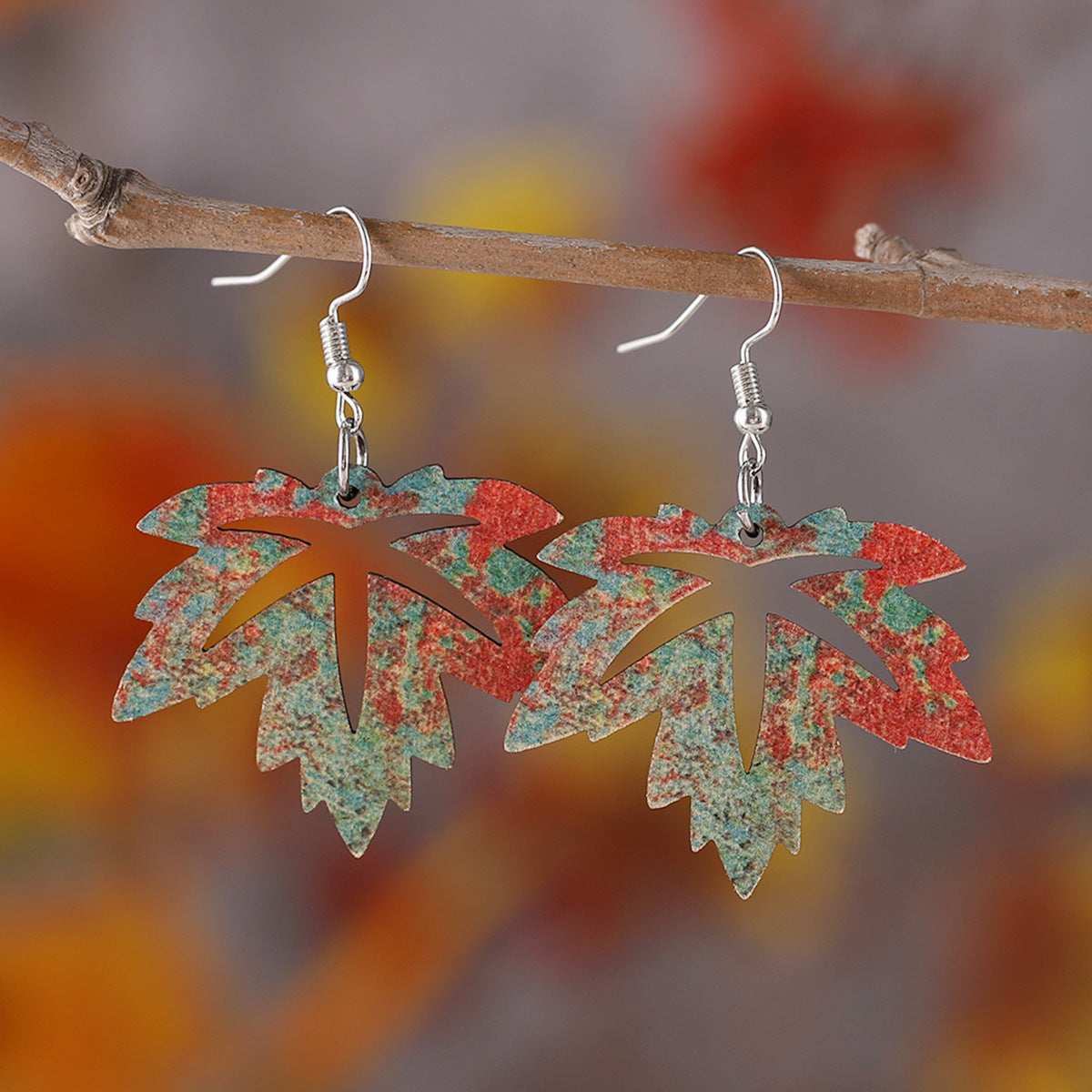 Pumpkin Maple Leaf Distressed Rust Hollow Pendant Earrings