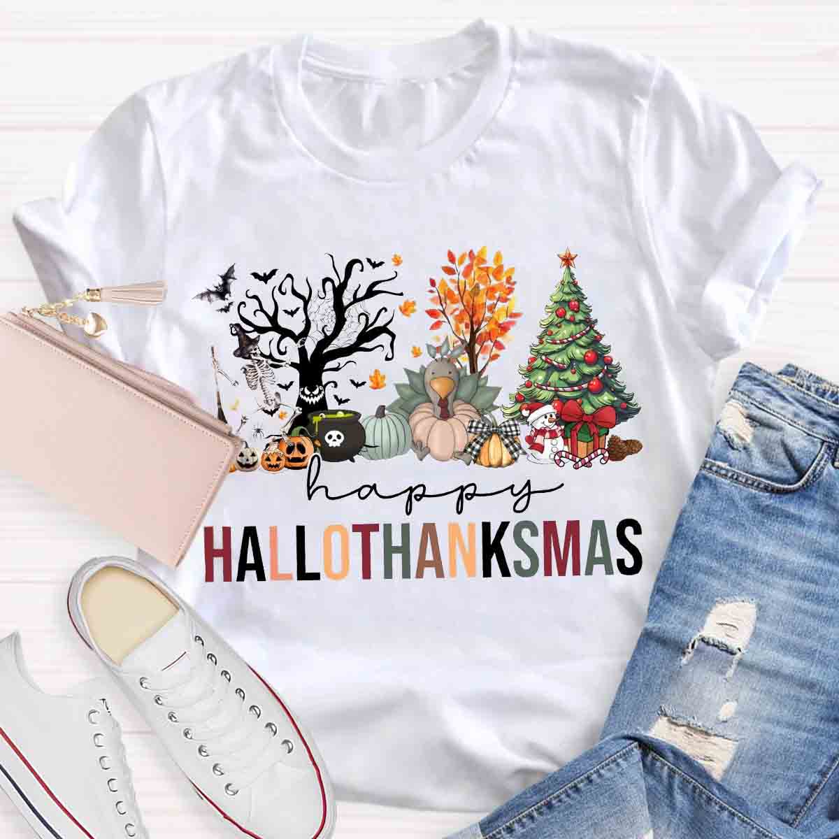 Happy Hallothanksmas Halloween Fall and Christmas T-shirt