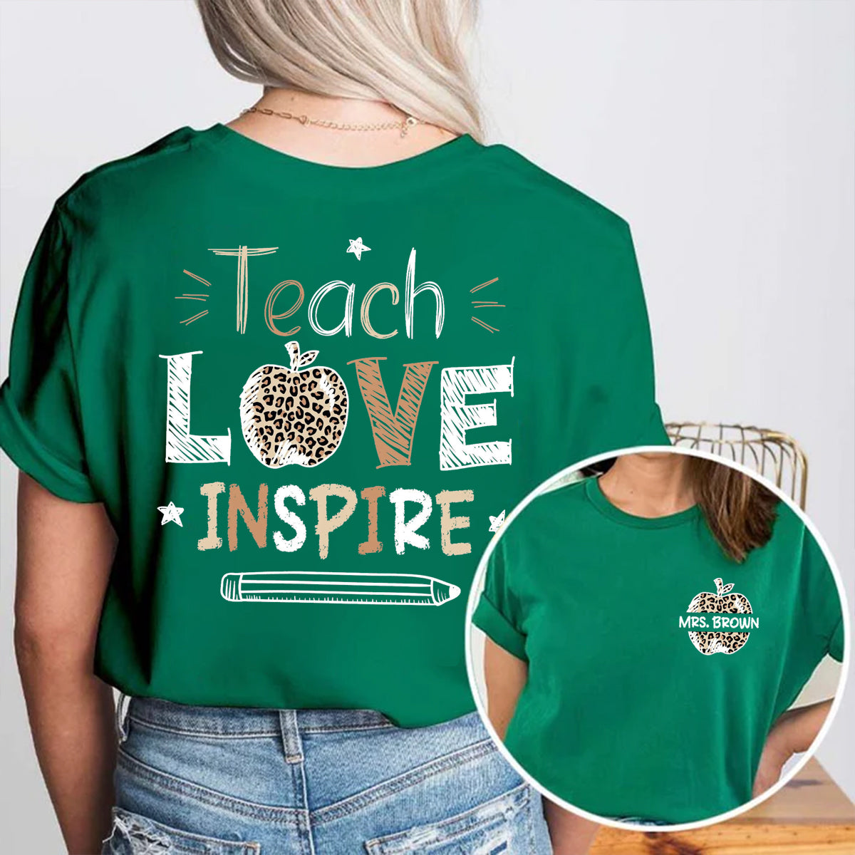 Personalized Name Teach Love Inspire Leopard Apple  Double Printed T-shirt