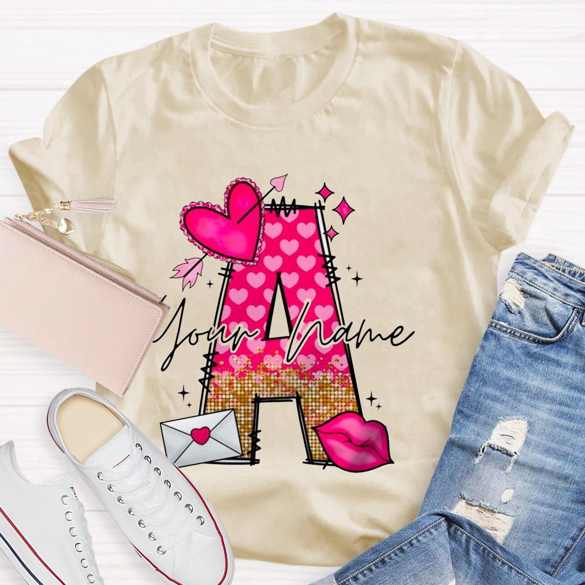 Personalized Name Pink Heart Letter T-Shirt