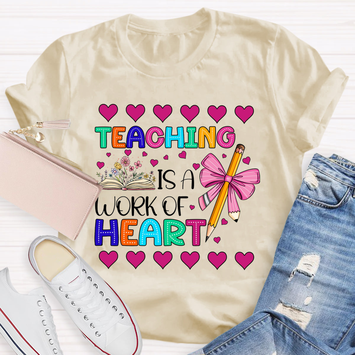 Teaching is Heart Work Pink Heart T-Shirt