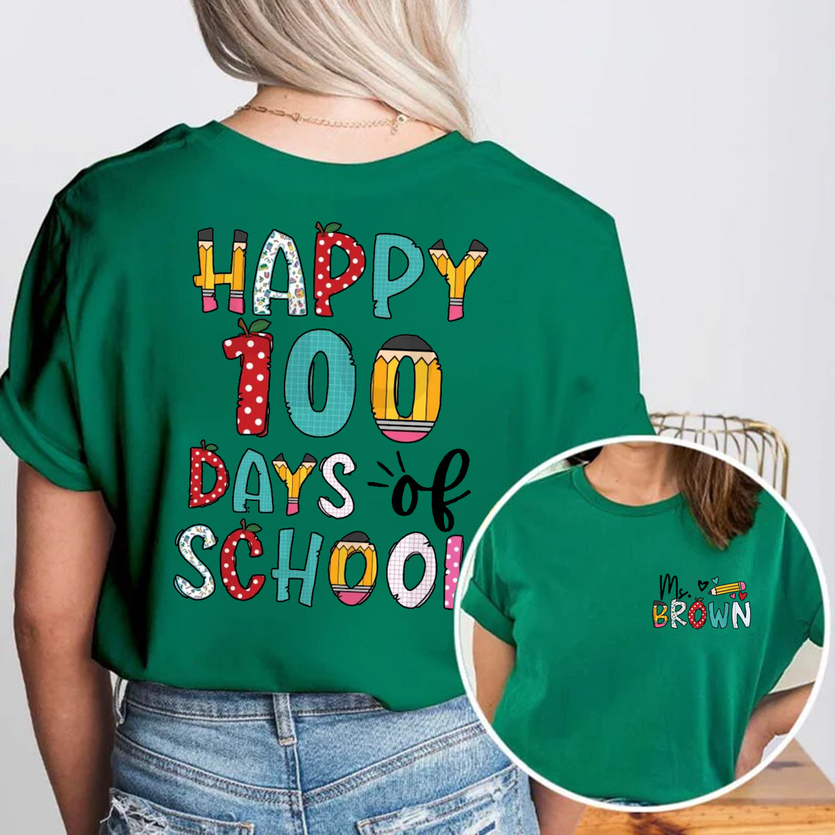 Personalized Name Happy 100 Days Of School Double Printed T-shirt