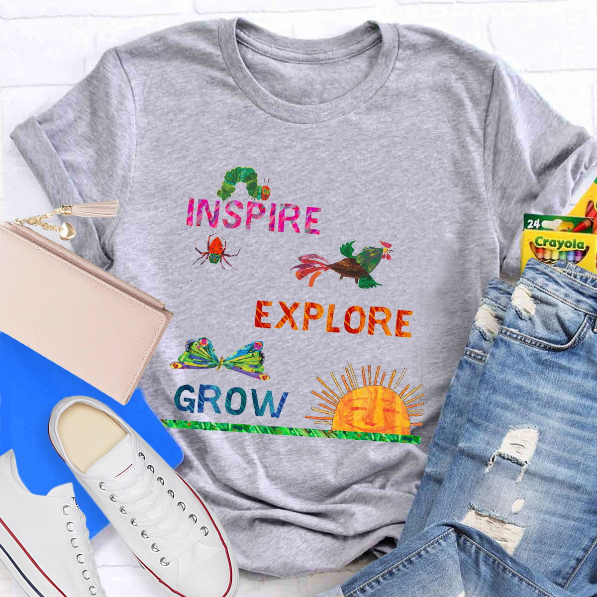 Inspire Explore Grow Caterpillar Grows Colorful Butterfly T-Shirt