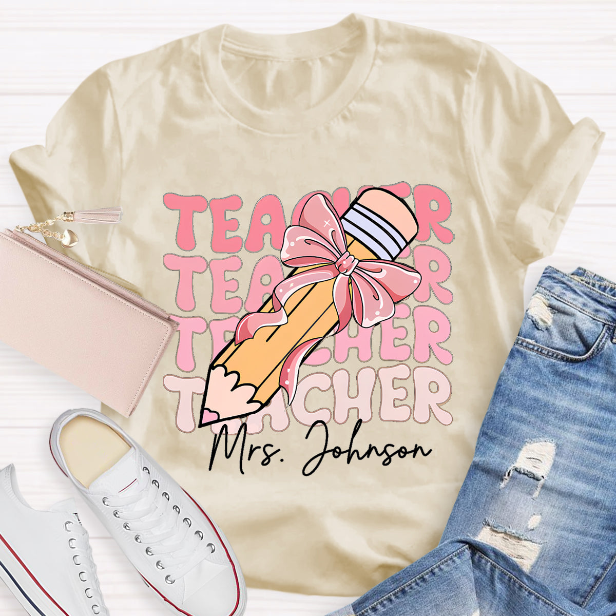 Personalized Name Pink Pencil Teacher Mrs Johnson T-Shirt