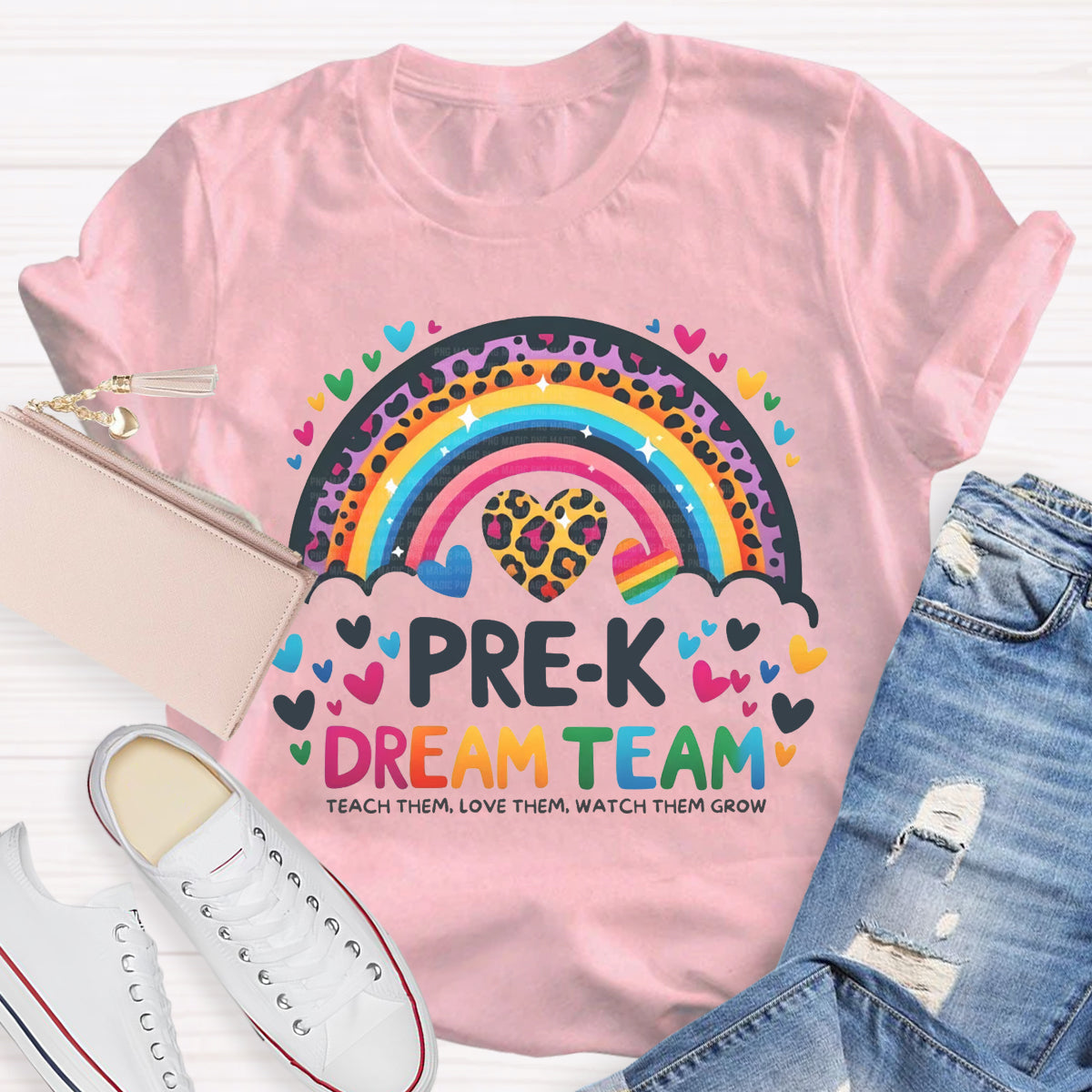 Personalized Grade Pre-K Dream Team Leopard Rainbow Teacher T-Shirt