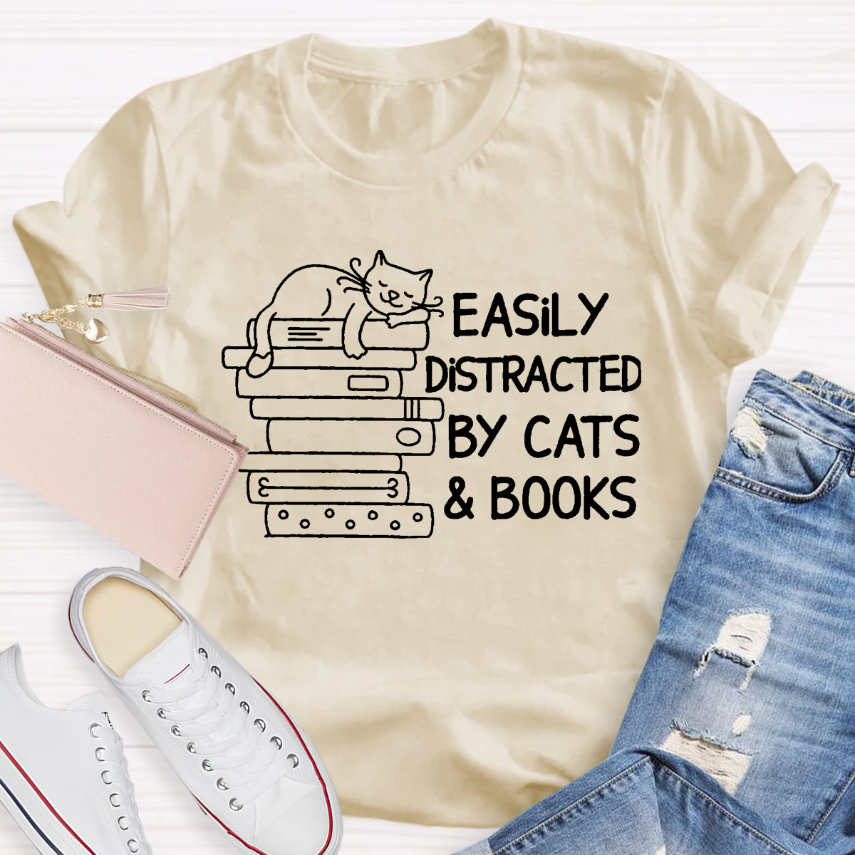 Easily Distracted By Cats And Books Teacher T-Shirt