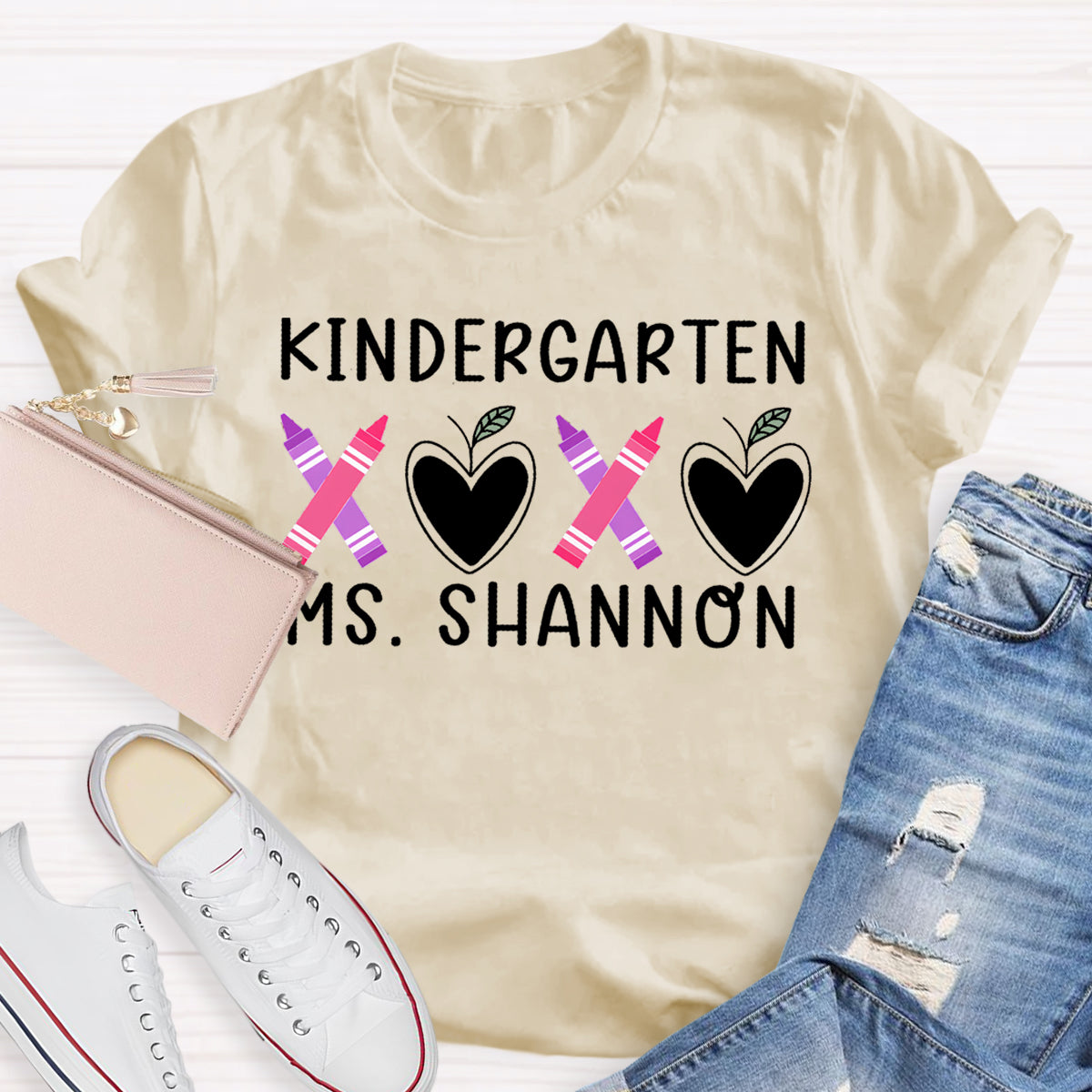 Personalized Grade And Name Pink Heart Crayon Teacher T-Shirt