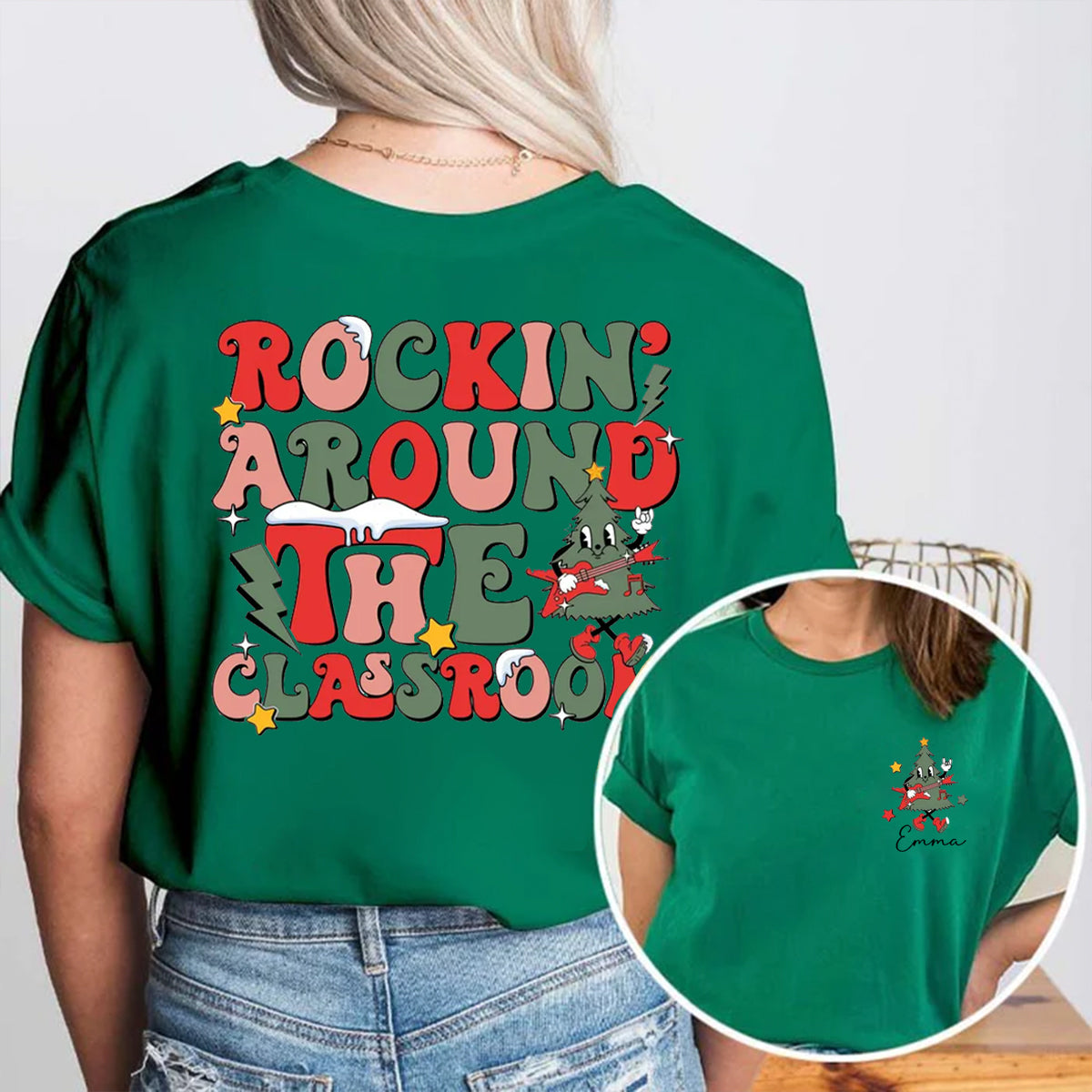 Personalized Name Rockin' Around The Classroom Double Printed T-shirt