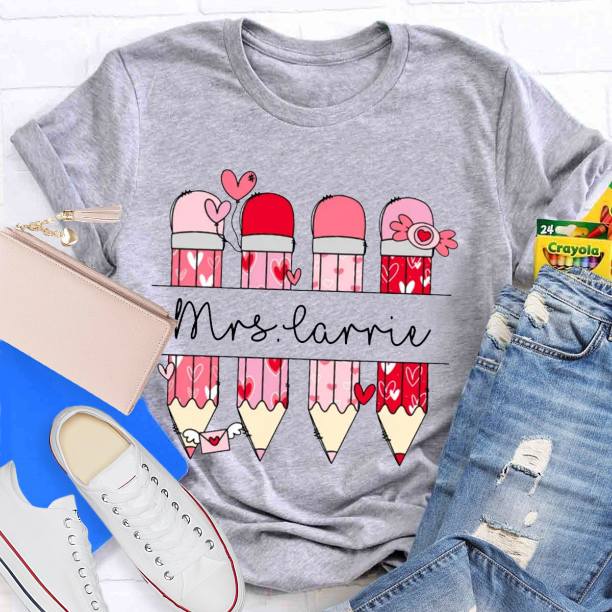 Personalized Name Valentine's Day Pink Pencil Teacher T-Shirt