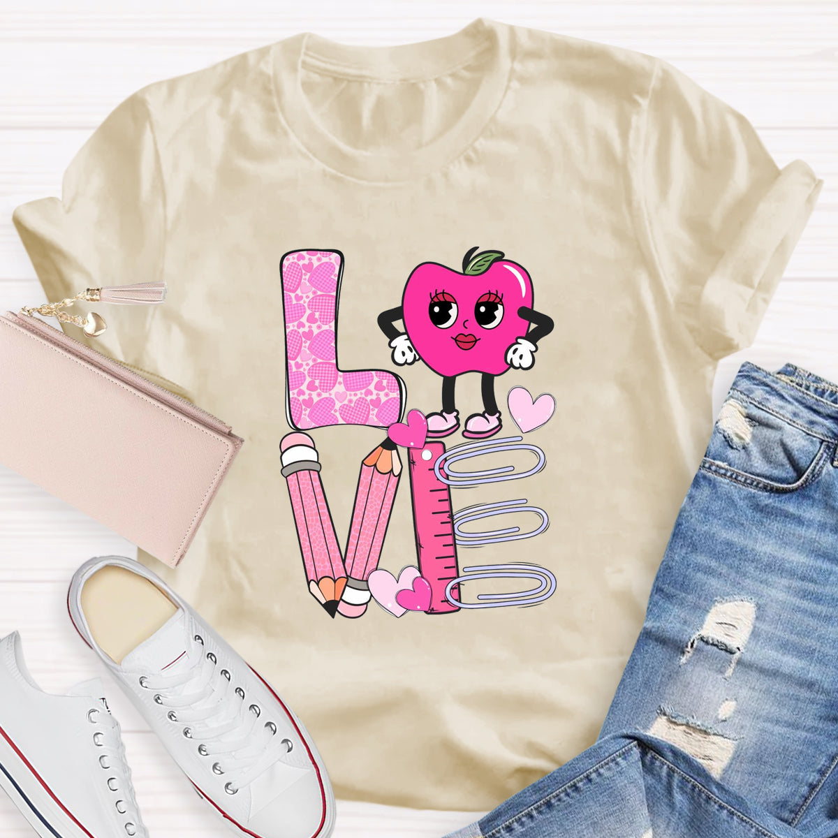 Pink Apple Love Teacher T-Shirt