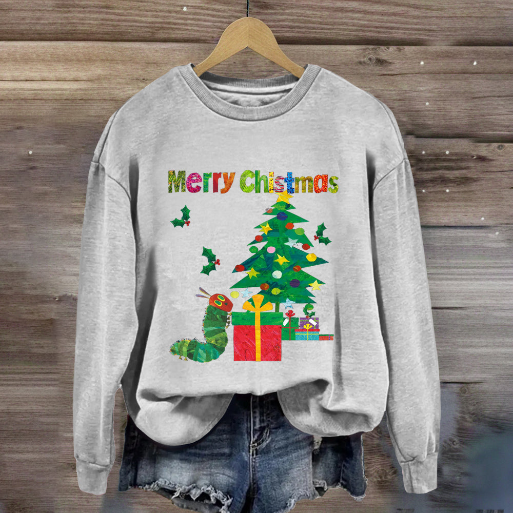 Merry Christmas Caterpillar Crawling Towards Christmas Tree Sweatshirt