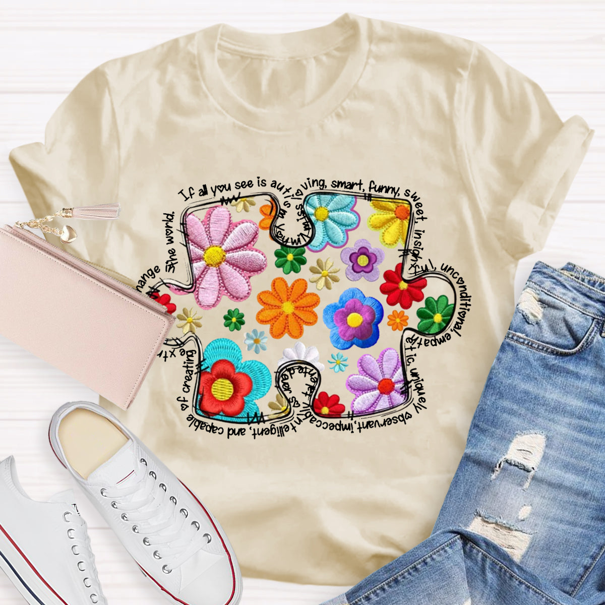 Floral Puzzle Pieces Austim T-Shirt