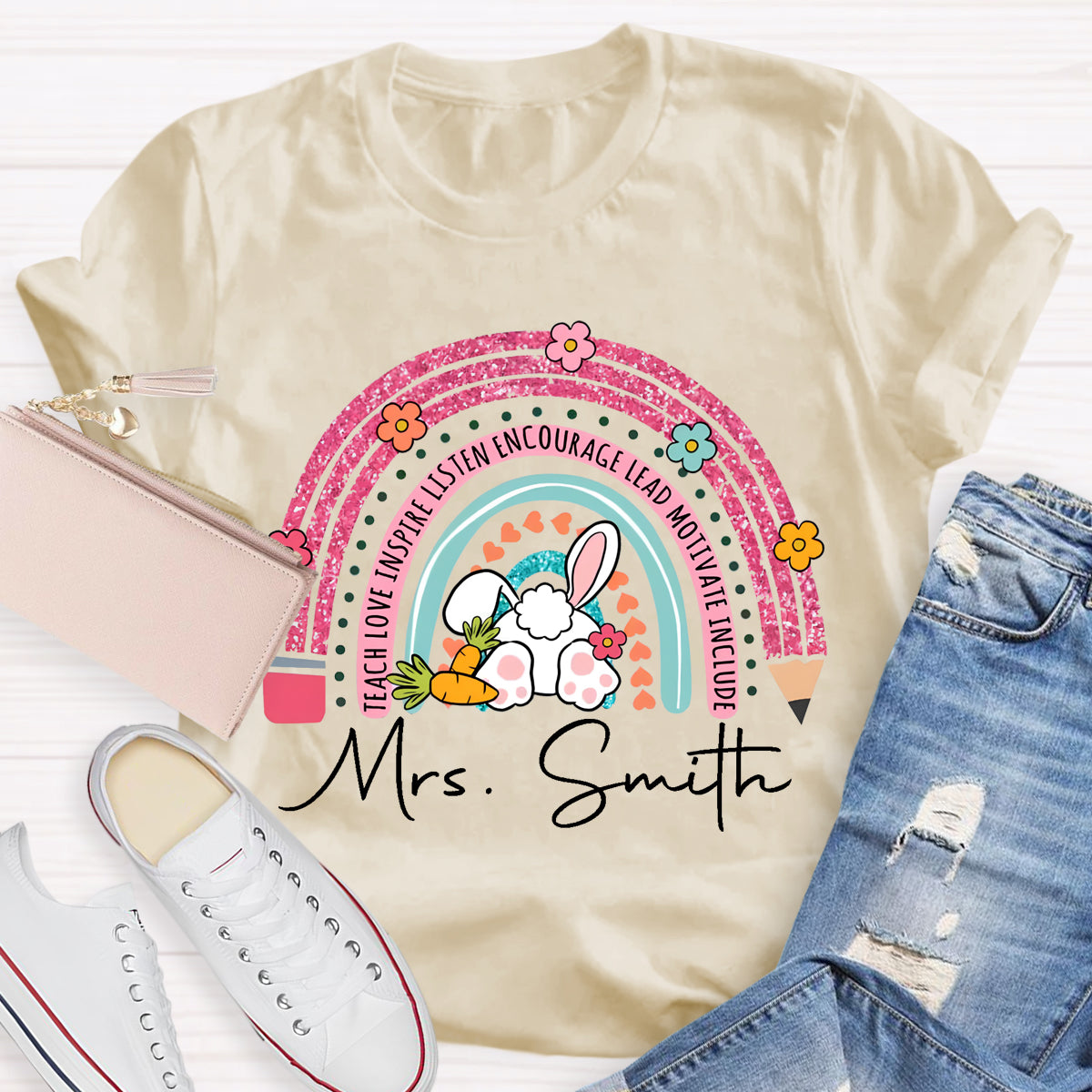 Personalized Name Easter Pink Pencil Rainbow T-Shirt