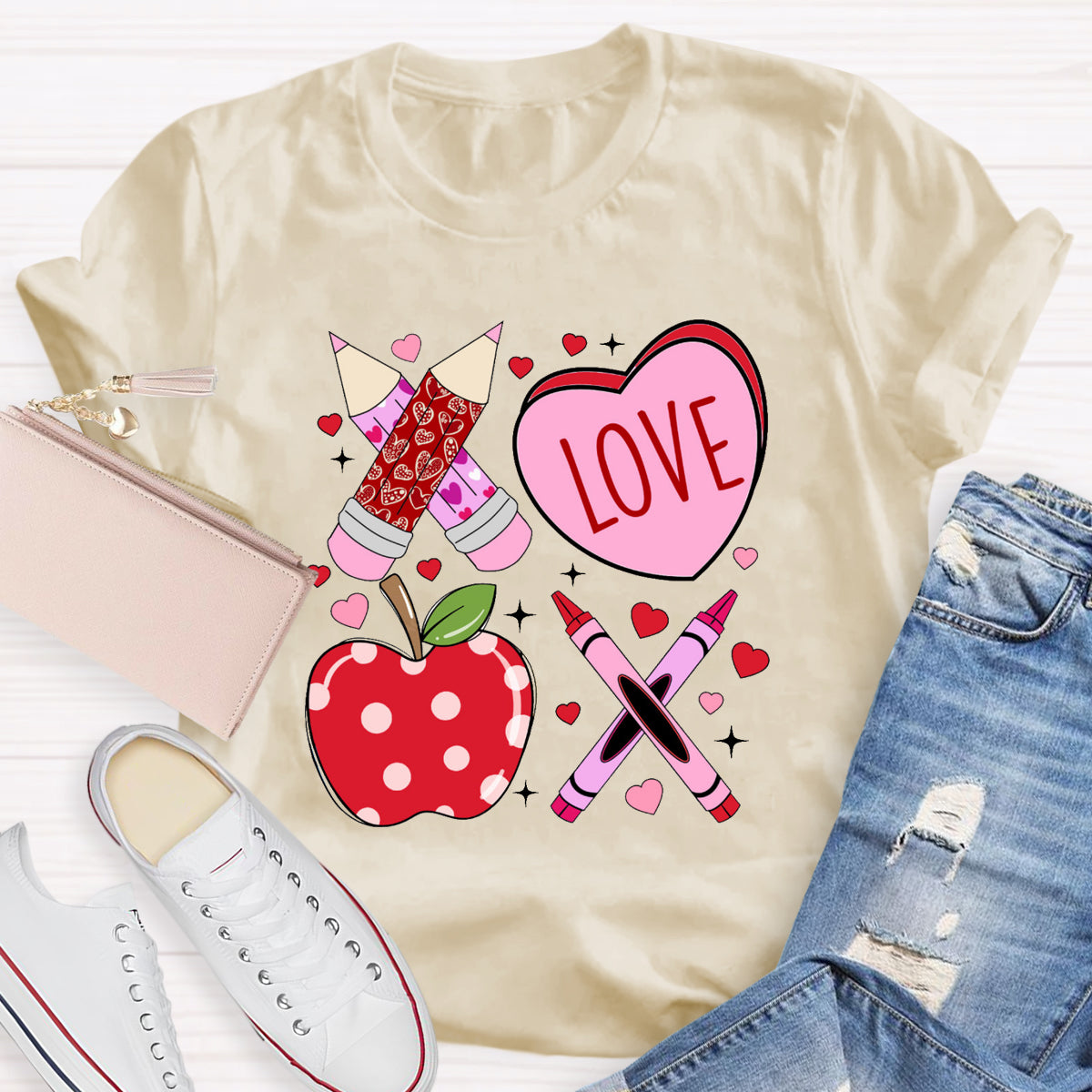 Pink Pencil And Apple Love Teacher T-Shirt