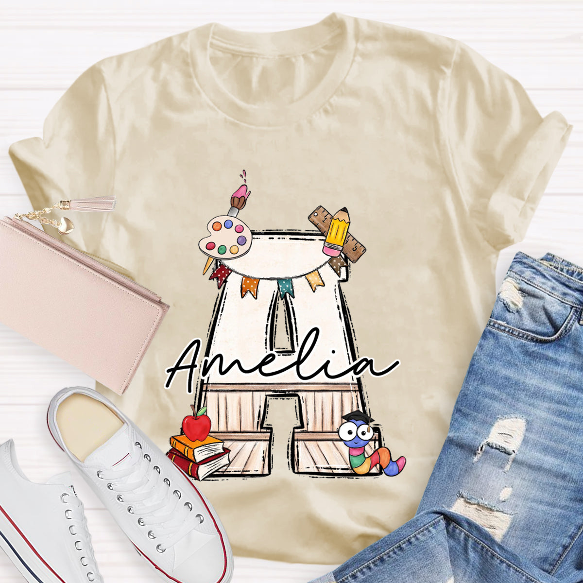 Personalized Name Drawing board And Caterpillar Teacher T-Shirt