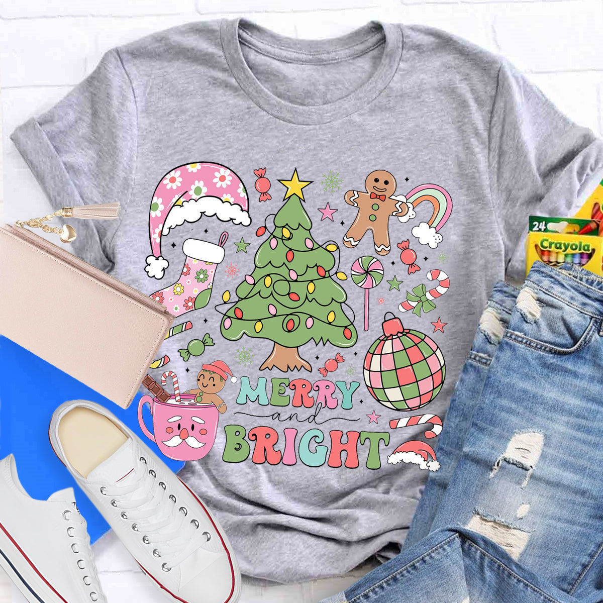 Merry And Bright Christmas Tree Teacher T-Shirt