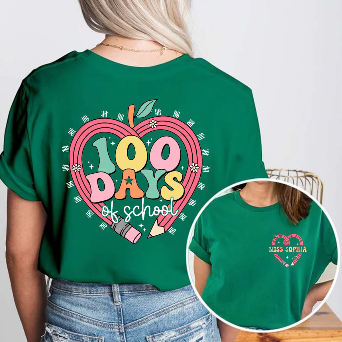 Personalized Name 100 Days Of School Pencil Heart Double Printed T-shirt