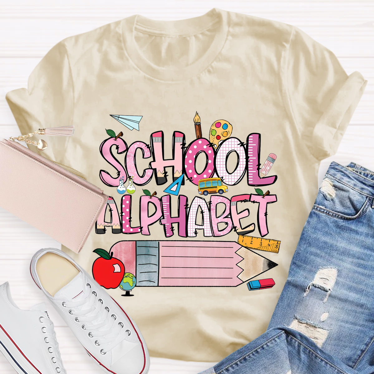 School Alphabet Pink Pencil Teacher T-Shirt