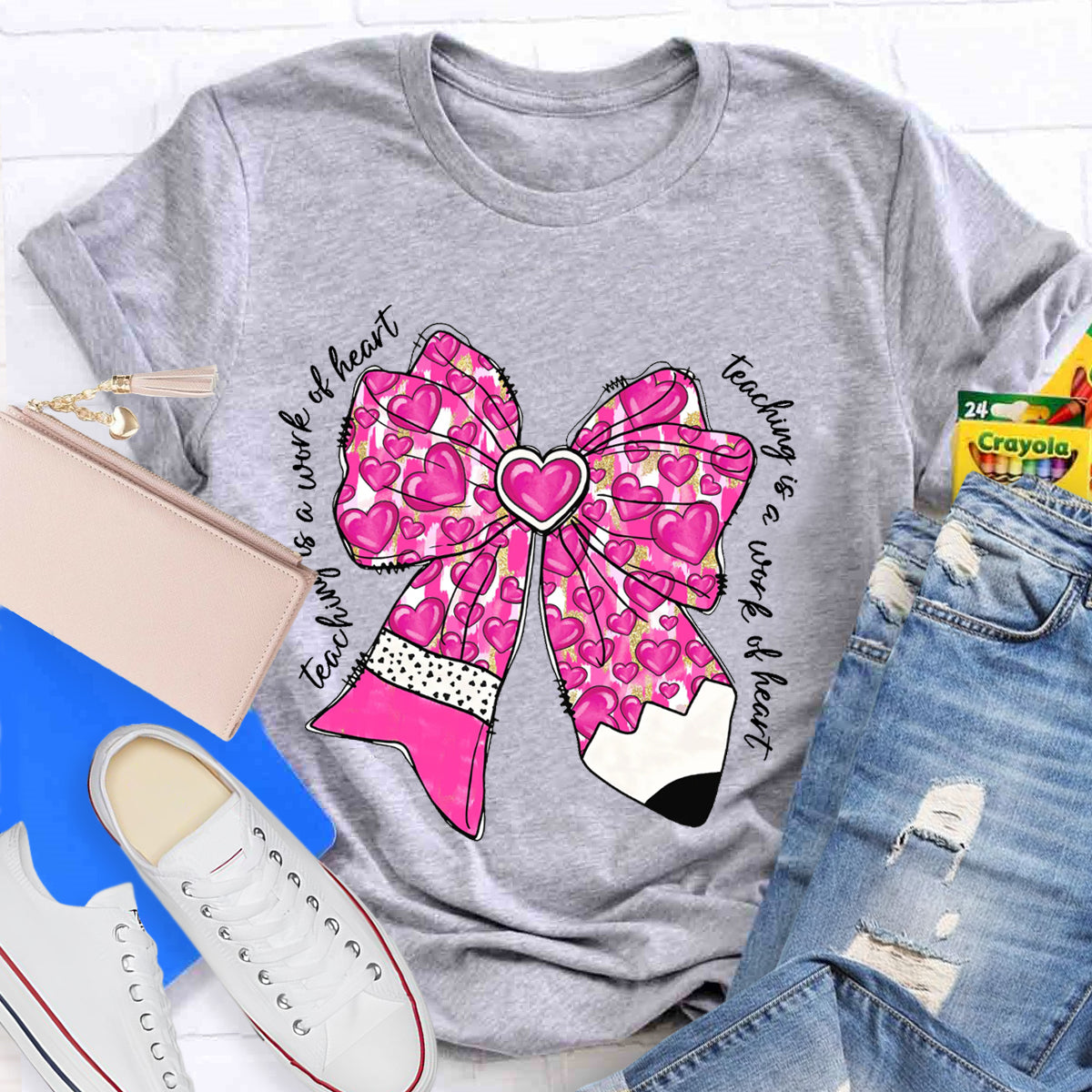 Teaching Is A Work Of Heart Pink Bow Teacher T-Shirt