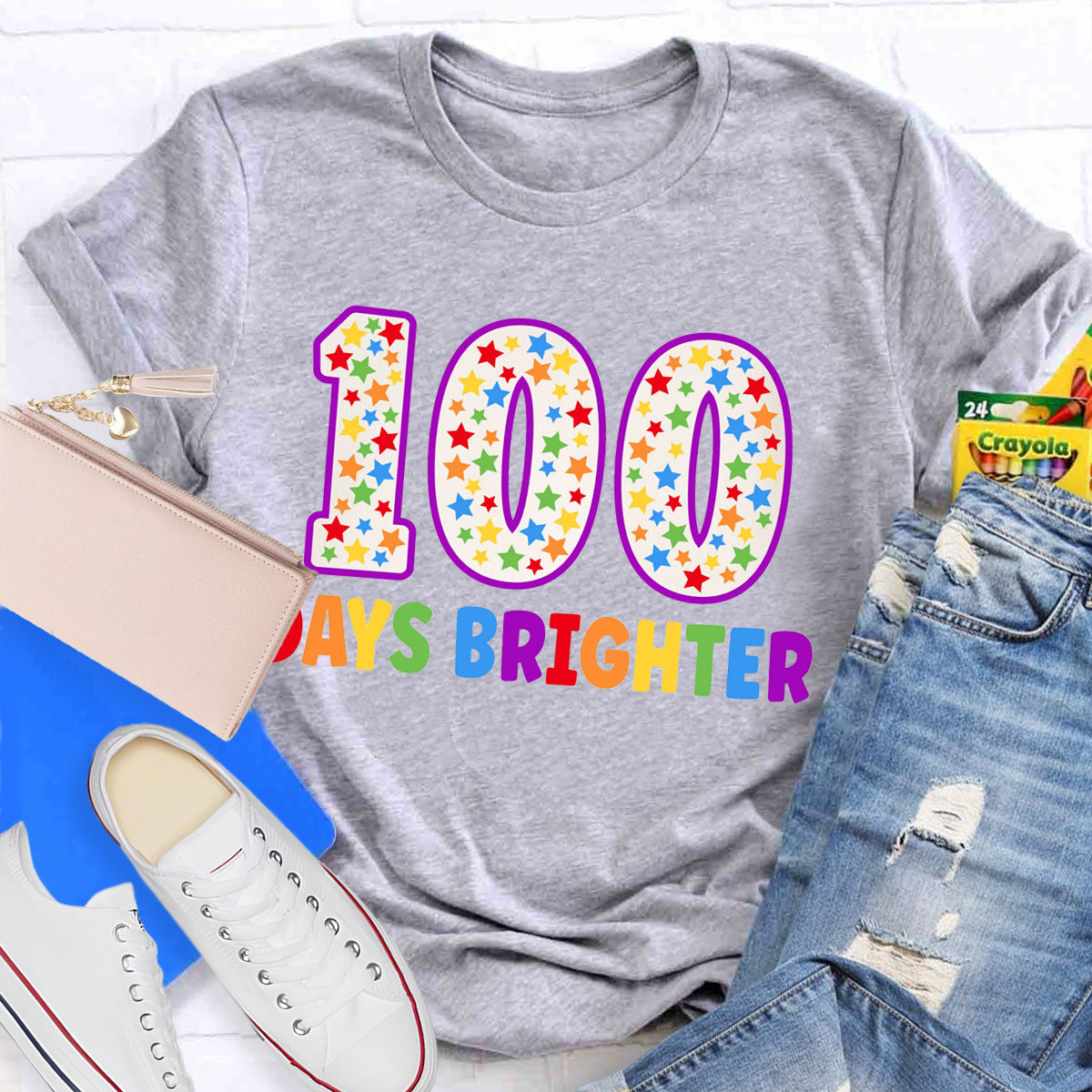 100 Days Brighter Colorful Letter Teacher T-Shirt