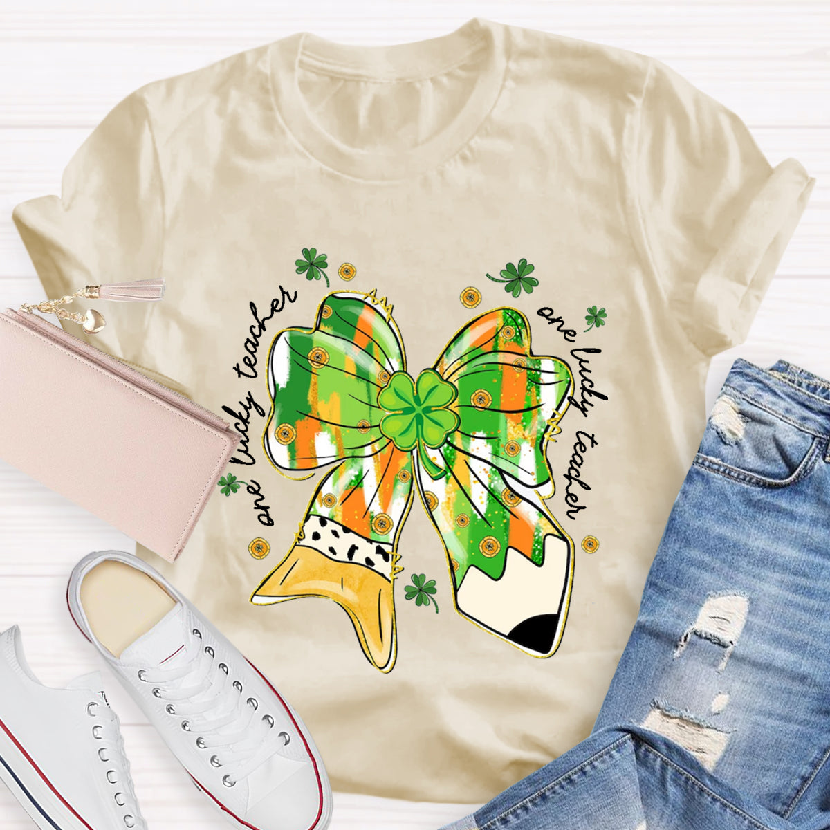 One Lucky Teacher Green Bow T-Shirt