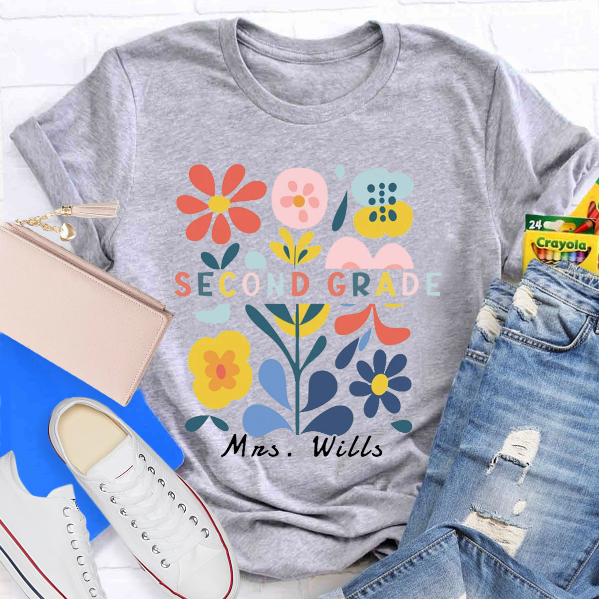 Personalized Name And Grade Floral Teacher T-Shirt