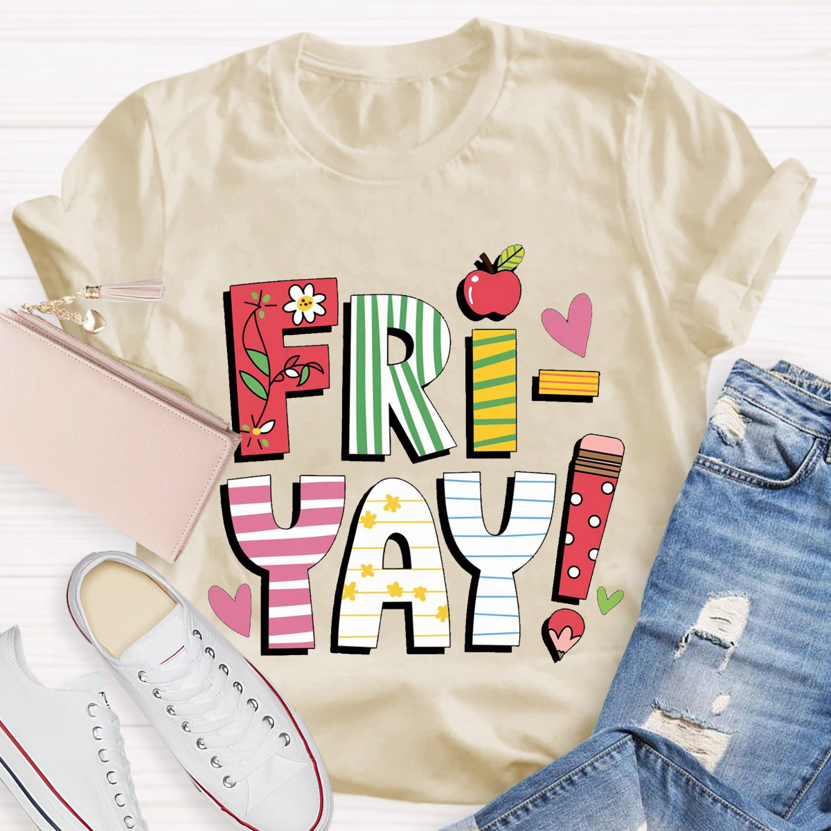 Fri-yay Floral Apple Pencil Teacher T-Shirt