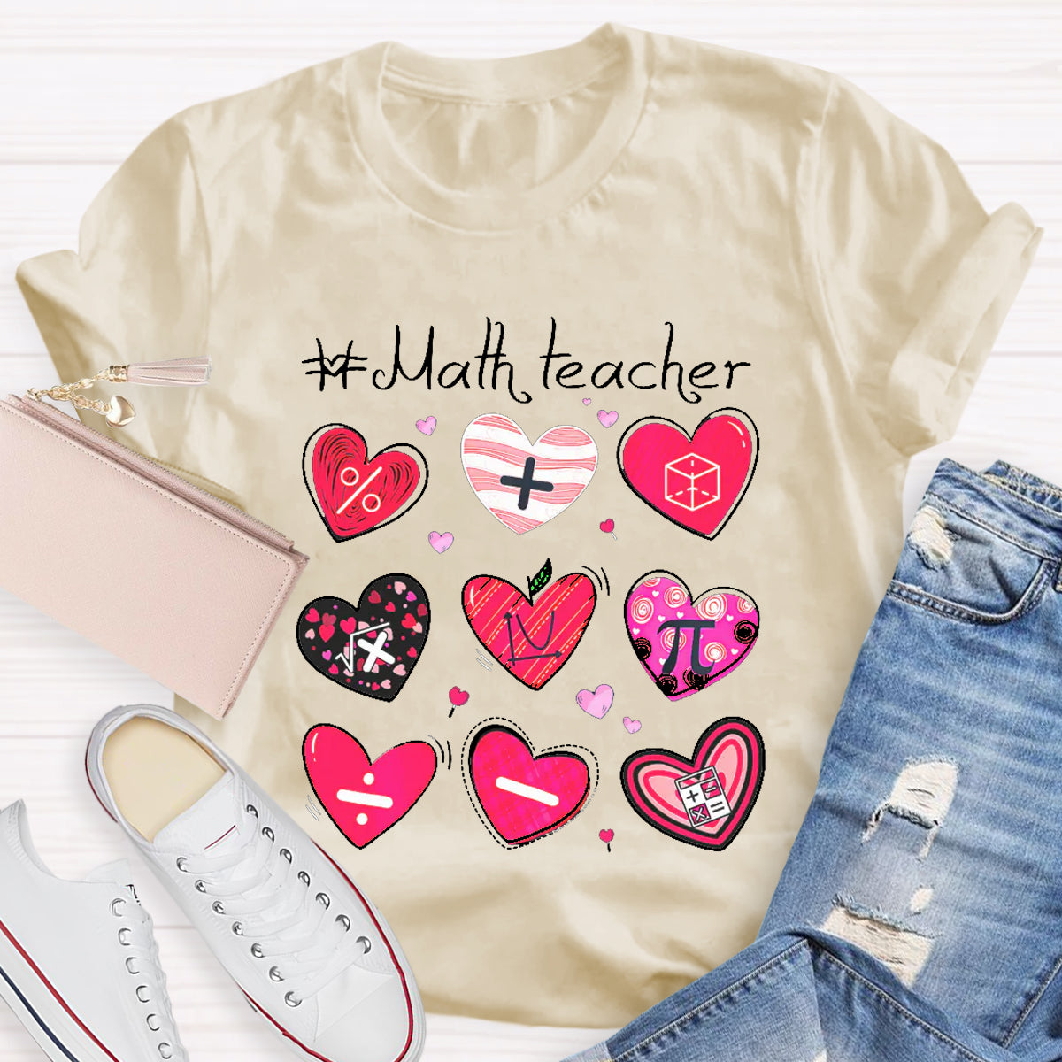 Red Heart Math Symbols Teacher T-Shirt