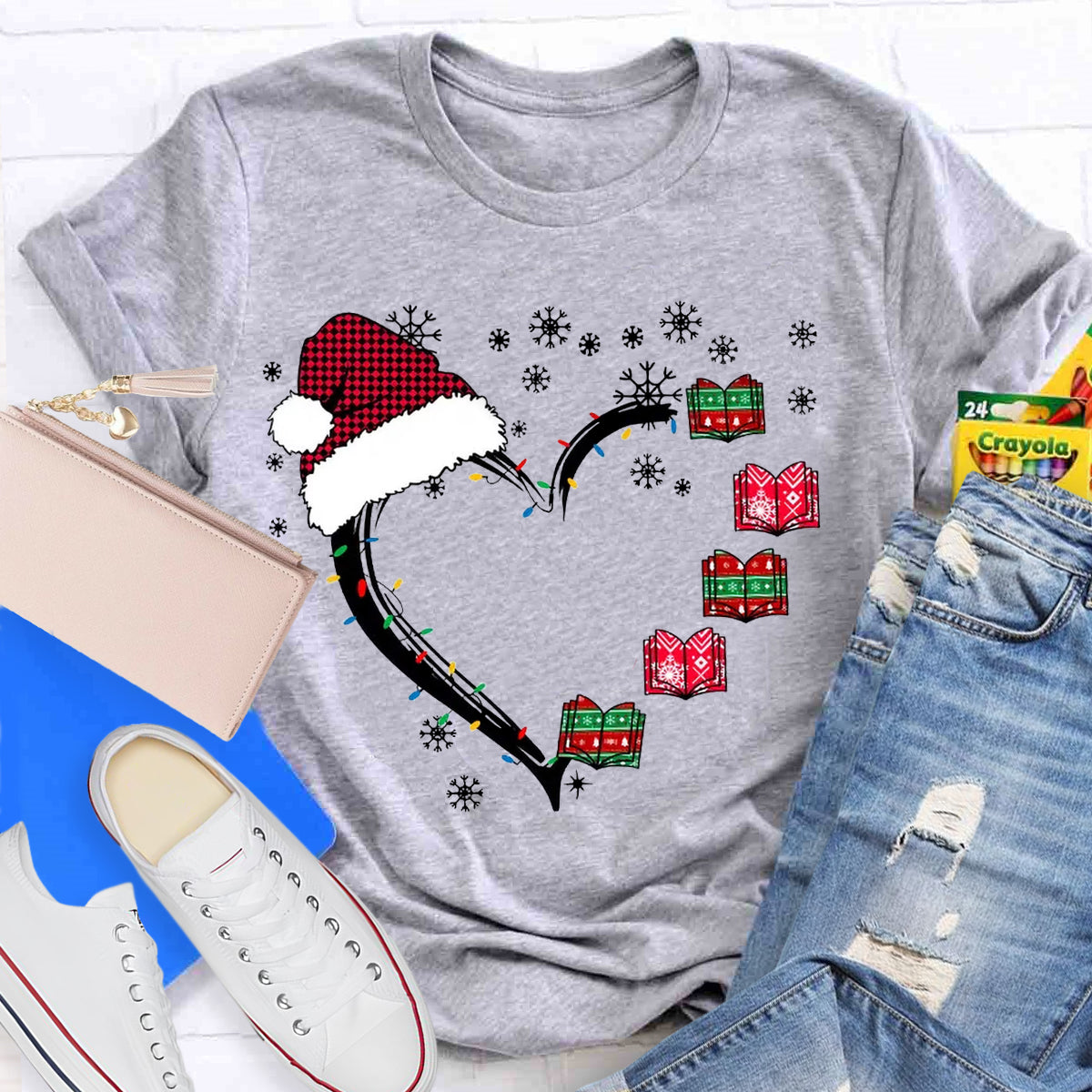 Christmas Books Heart Teacher T-Shirt