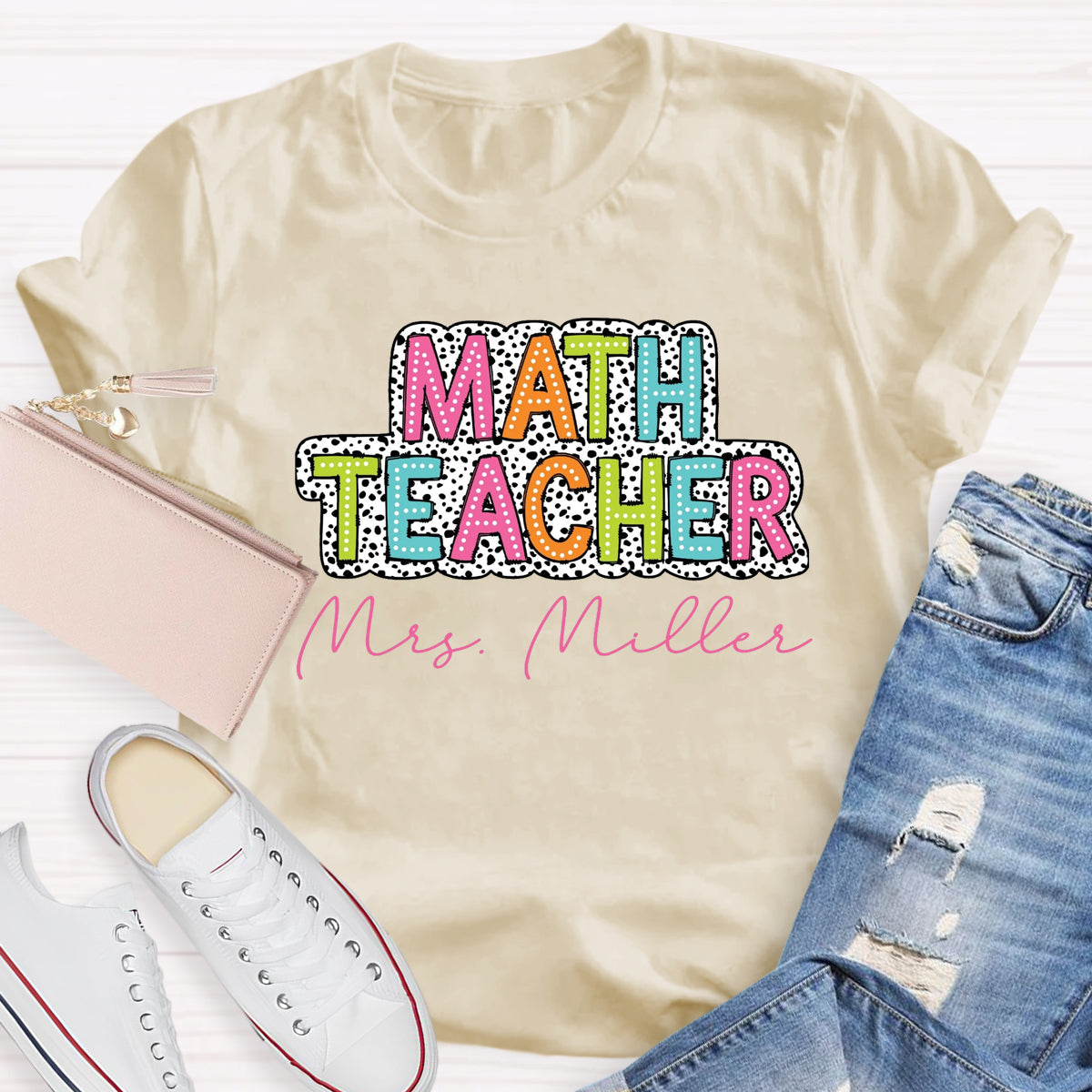 Personalized Name Dalmatian Dots Math Teacher T-Shirt